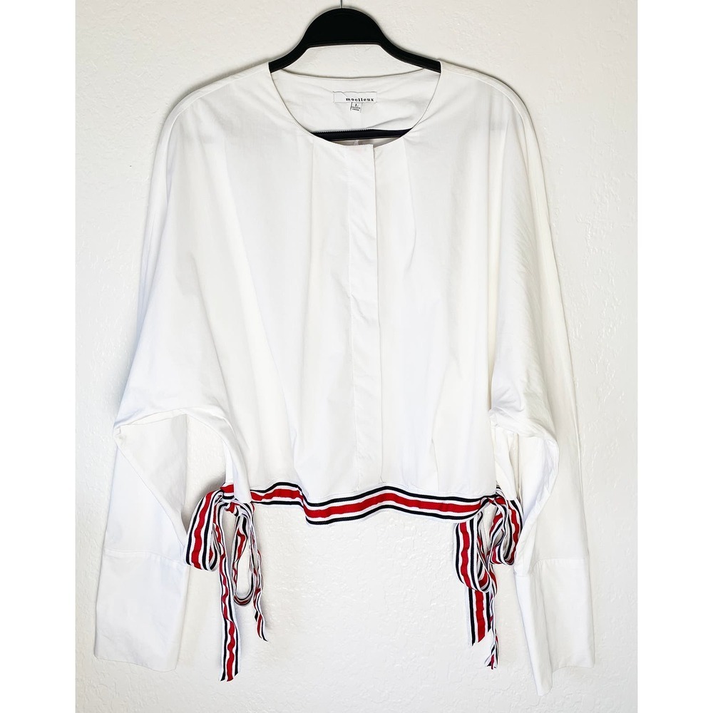 Moelleux Womens White Dolman Sleeve Blouse Hidden Button Front Red Trim‎ Tie